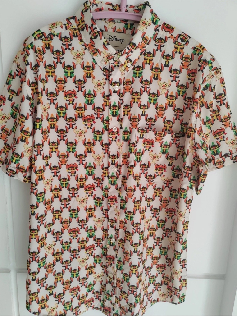 L - Disney RSVLTS Witch Stitch Halloween Graphic Short Sleeve Button-Up Shirt